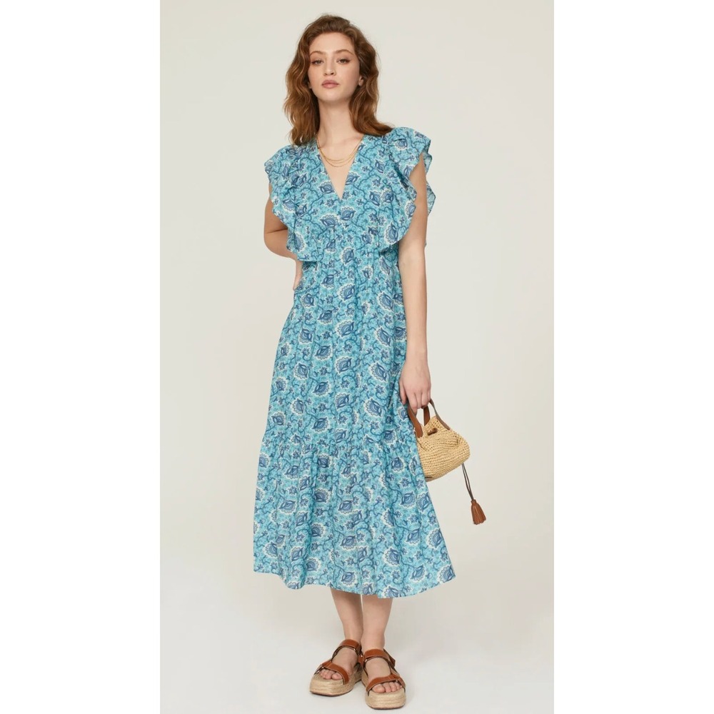 RHODE Tasha Midi Dress Size 6 Aqua Lotus Floral Paisley Blue Ruffle Boho Flutter